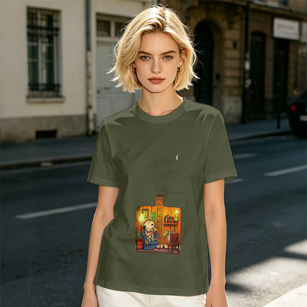 Olive T-Shirt With Cozy Dog In Room Graphic Print