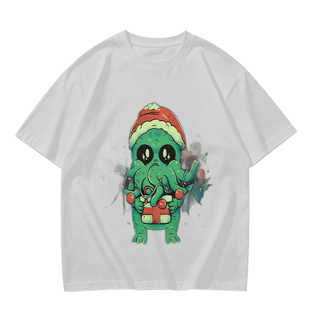Olive Green T-Shirt With Cute Christmas Cthulhu Graphic