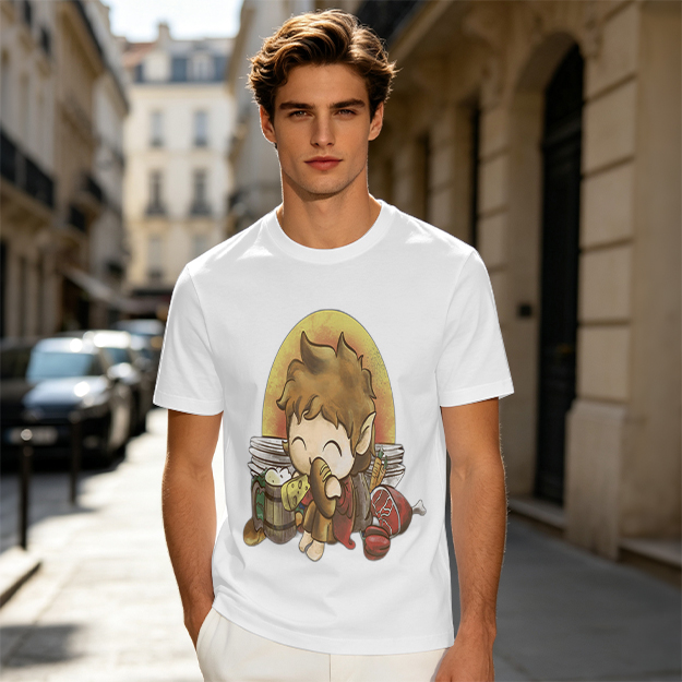 Chibi Hobbit Eating Bread Surrounded by Food T-Shirt