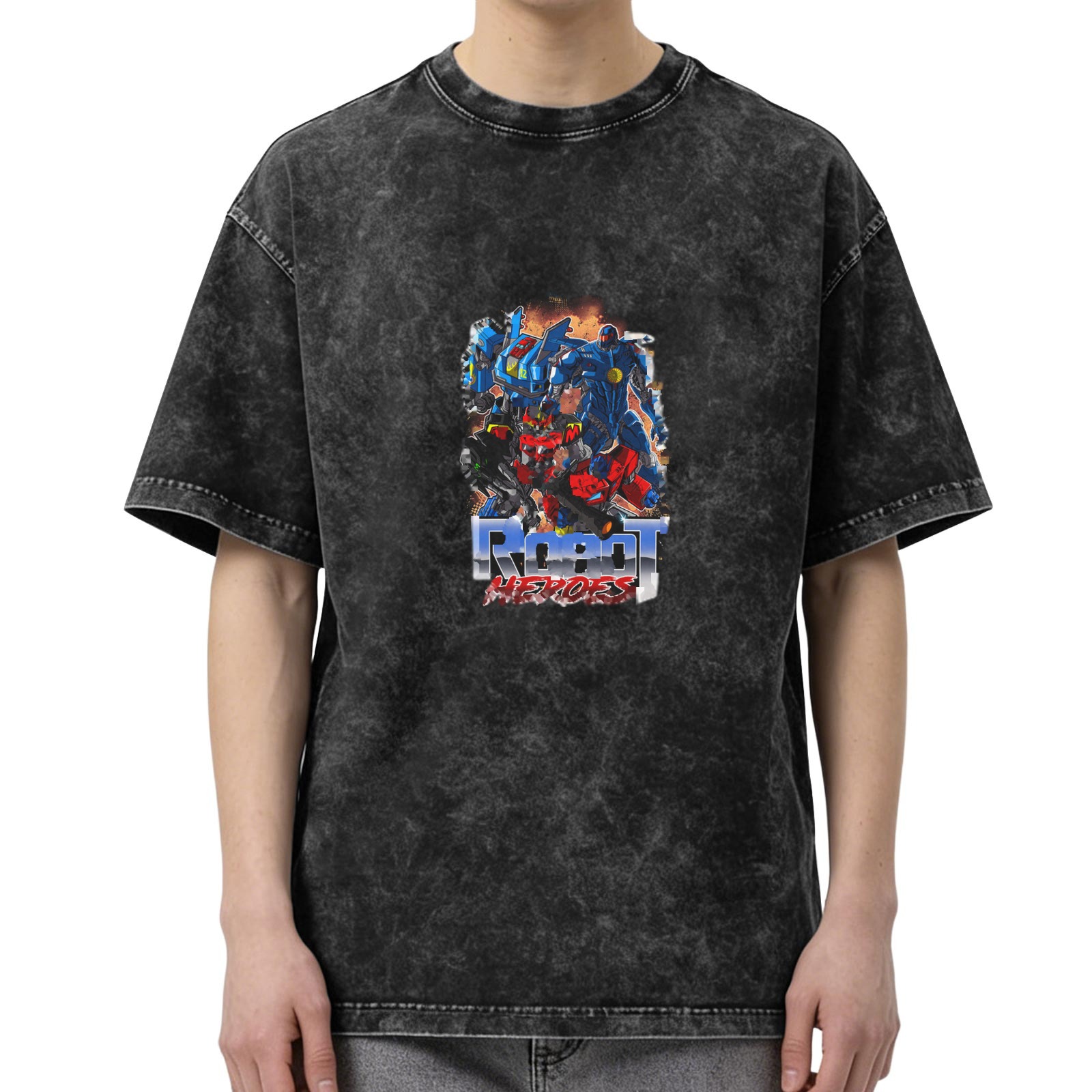 Oversized dark washed graphic t-shirt with Robot Heroes mecha print