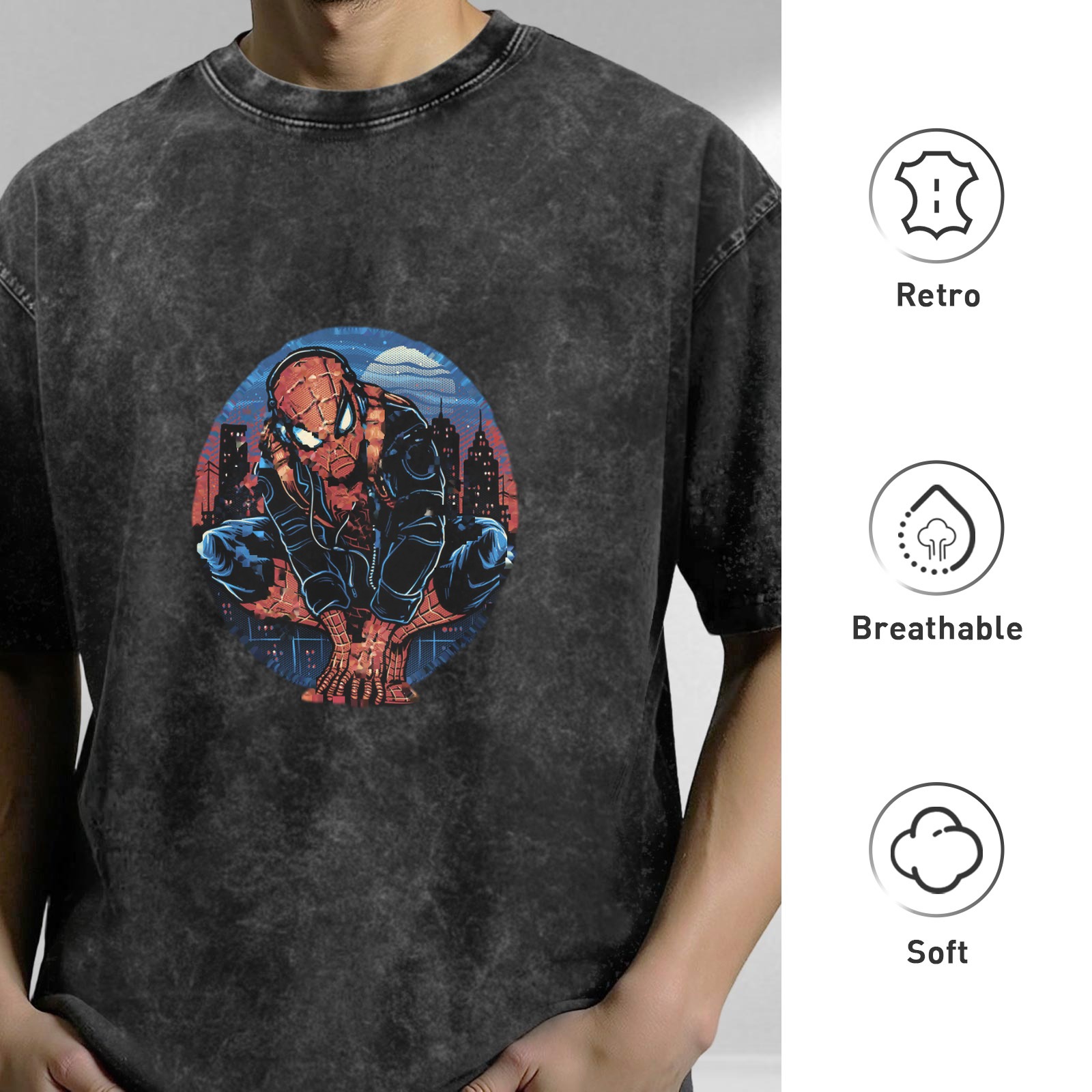 Oversized Acid Wash T-Shirt with Spider-Man Cityscape Graphic