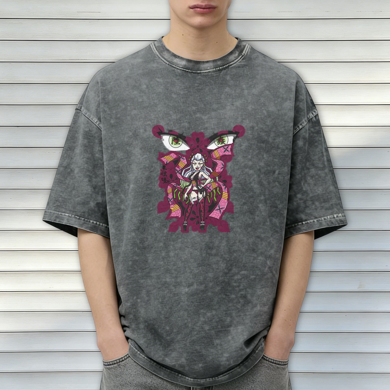 Oversized dark washed anime graphic t-shirt with demon character print