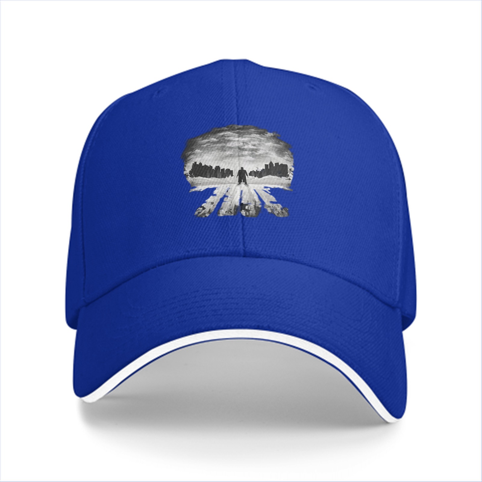 Black baseball cap with Punisher skull cityscape graphic