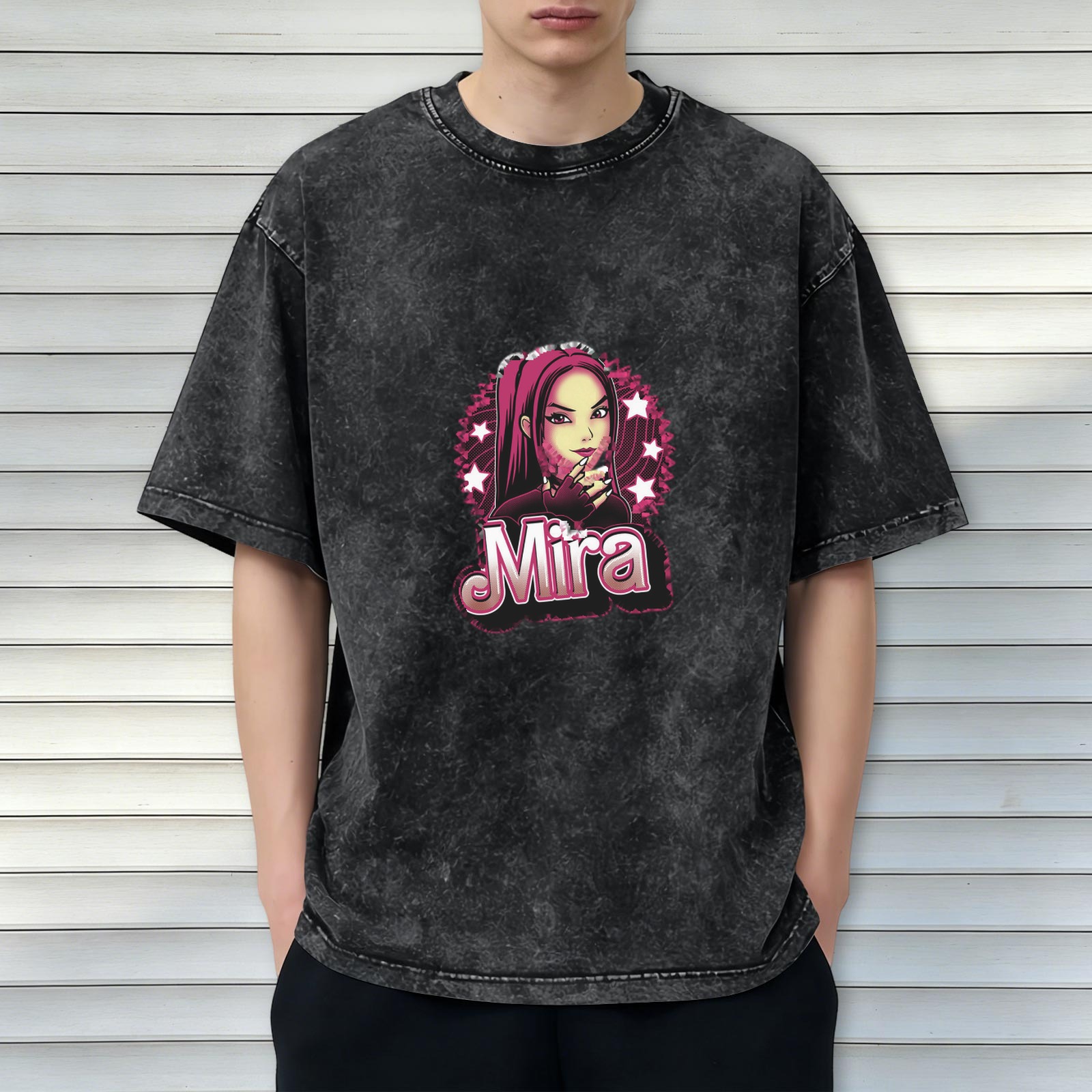 Washed Black Graphic T-Shirt with Mira Anime Girl Print