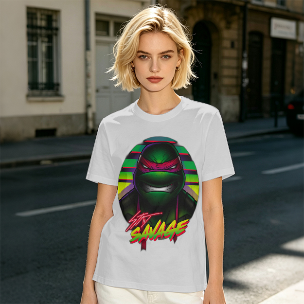 Olive T-Shirt with Retro Ninja Turtle 'Stay Savage' Graphic