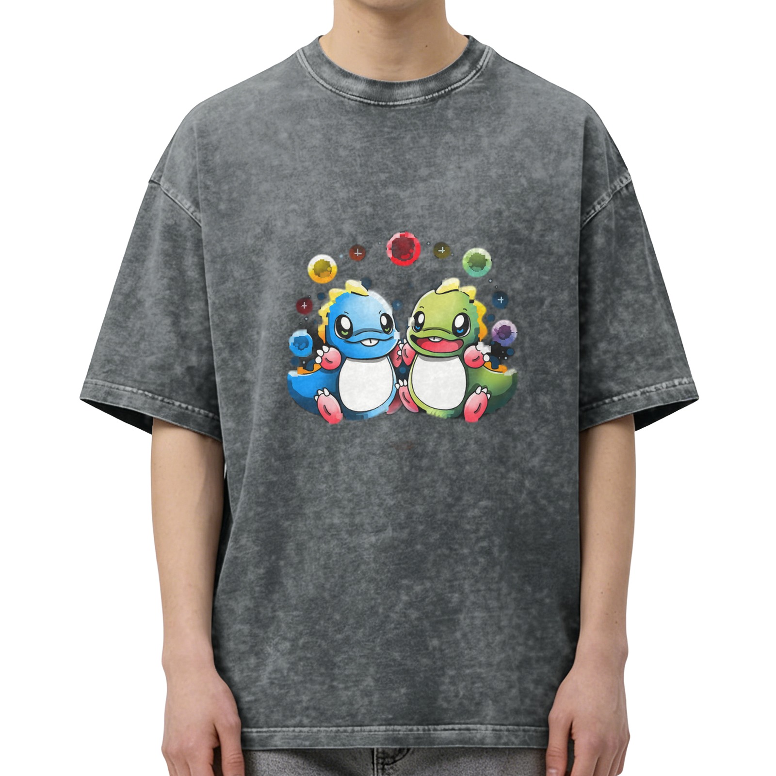 Washed black graphic t-shirt with cute cartoon dinosaurs and colorful bubbles
