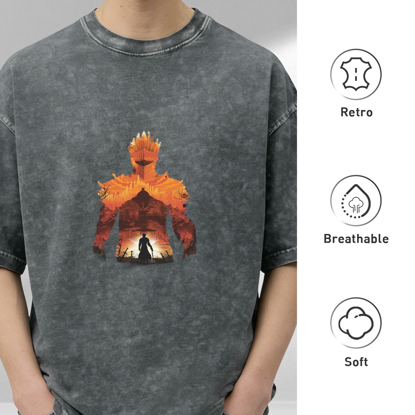 Distressed black short-sleeved T-shirt, game-themed print, loose style