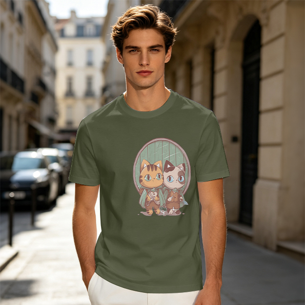 Olive Green T-Shirt With Cute Cat Fantasy Character Print