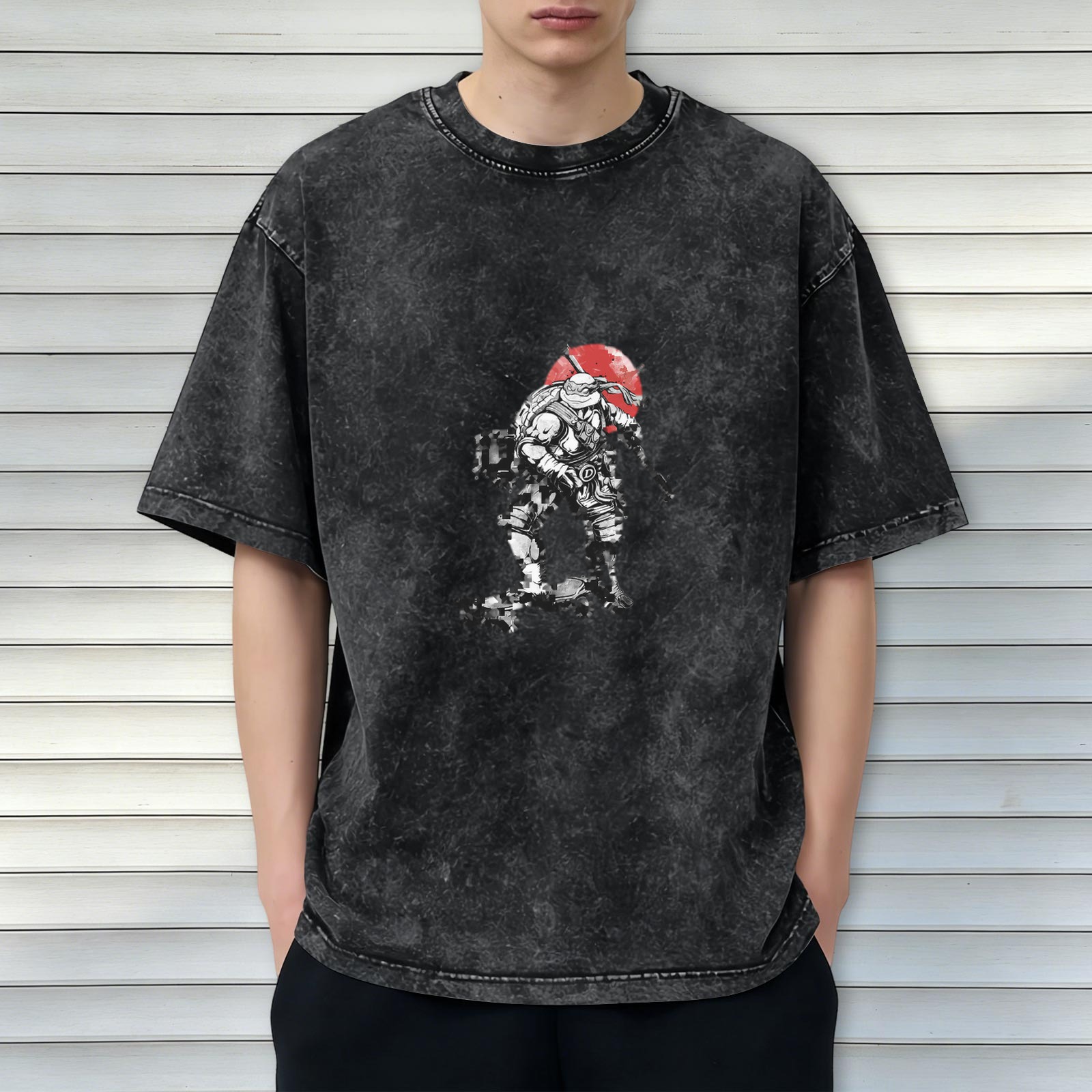 Washed Black Oversized T-Shirt With Ninja Turtle And Red Sun Graphic