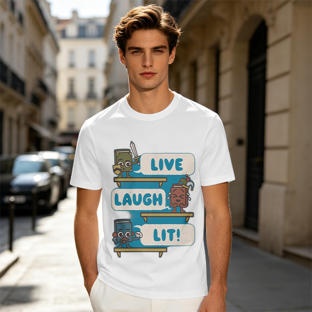 Olive T-Shirt With Cartoon Books 'Live Laugh Lit' Graphic