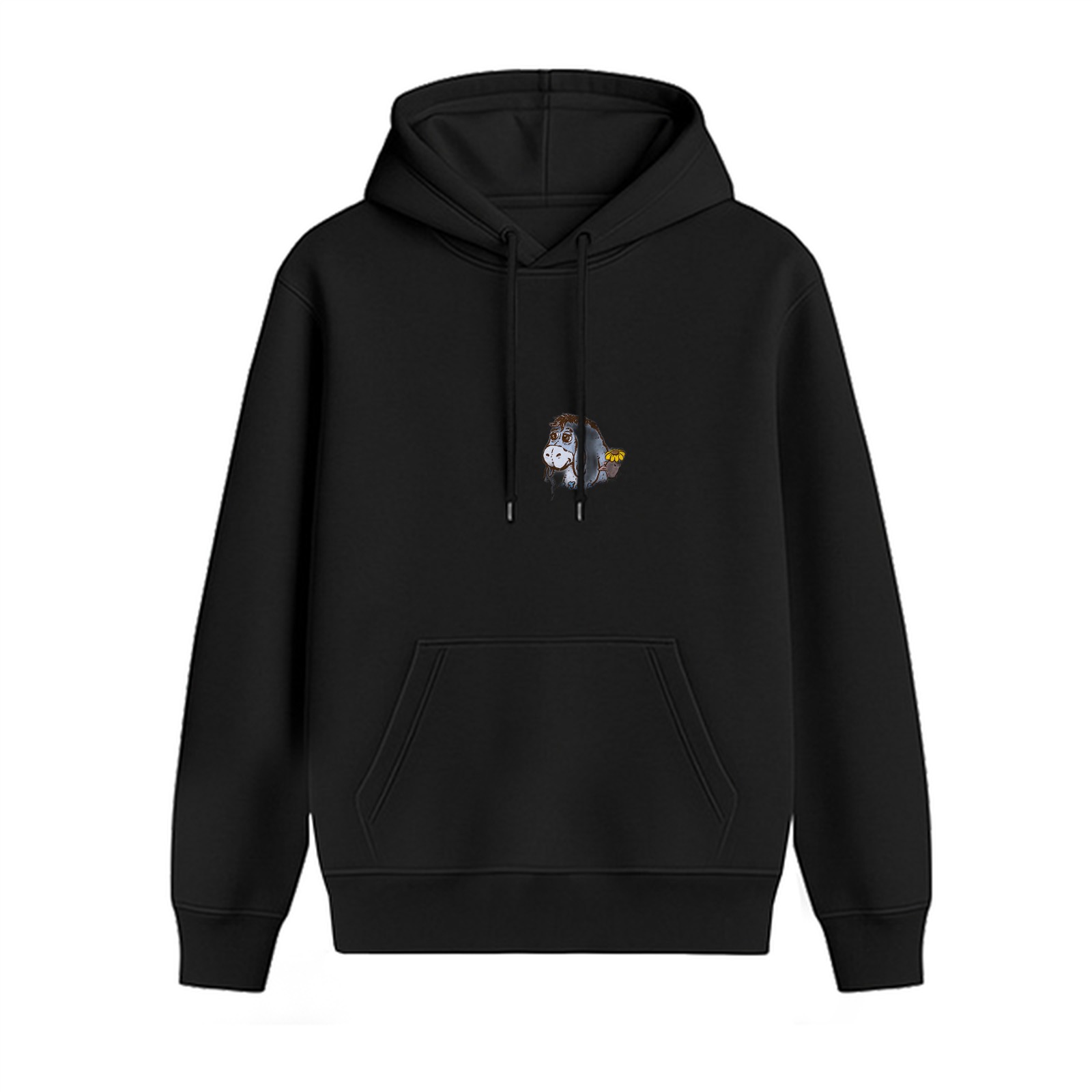 Black Hoodie With Small Donkey Graphic Print On Chest