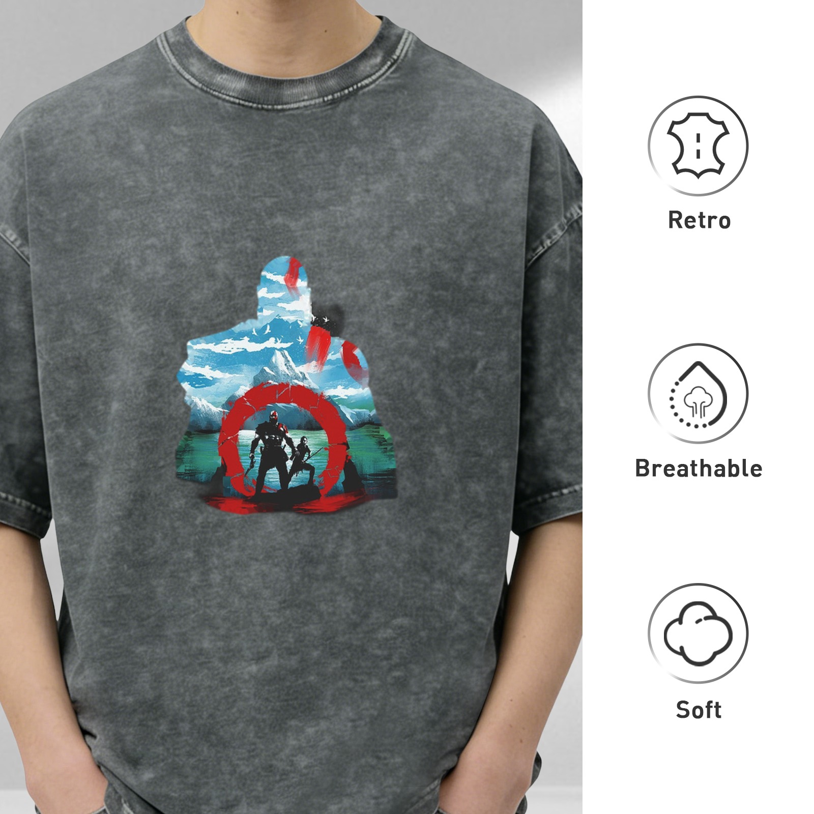 God of War themed distressed printed short-sleeved T-shirt, washed black loose style