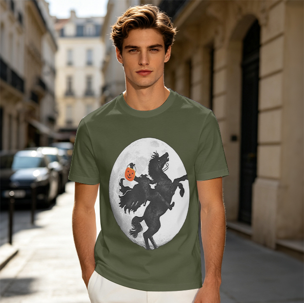 Olive Halloween T-Shirt with Headless Horseman and Full Moon Print