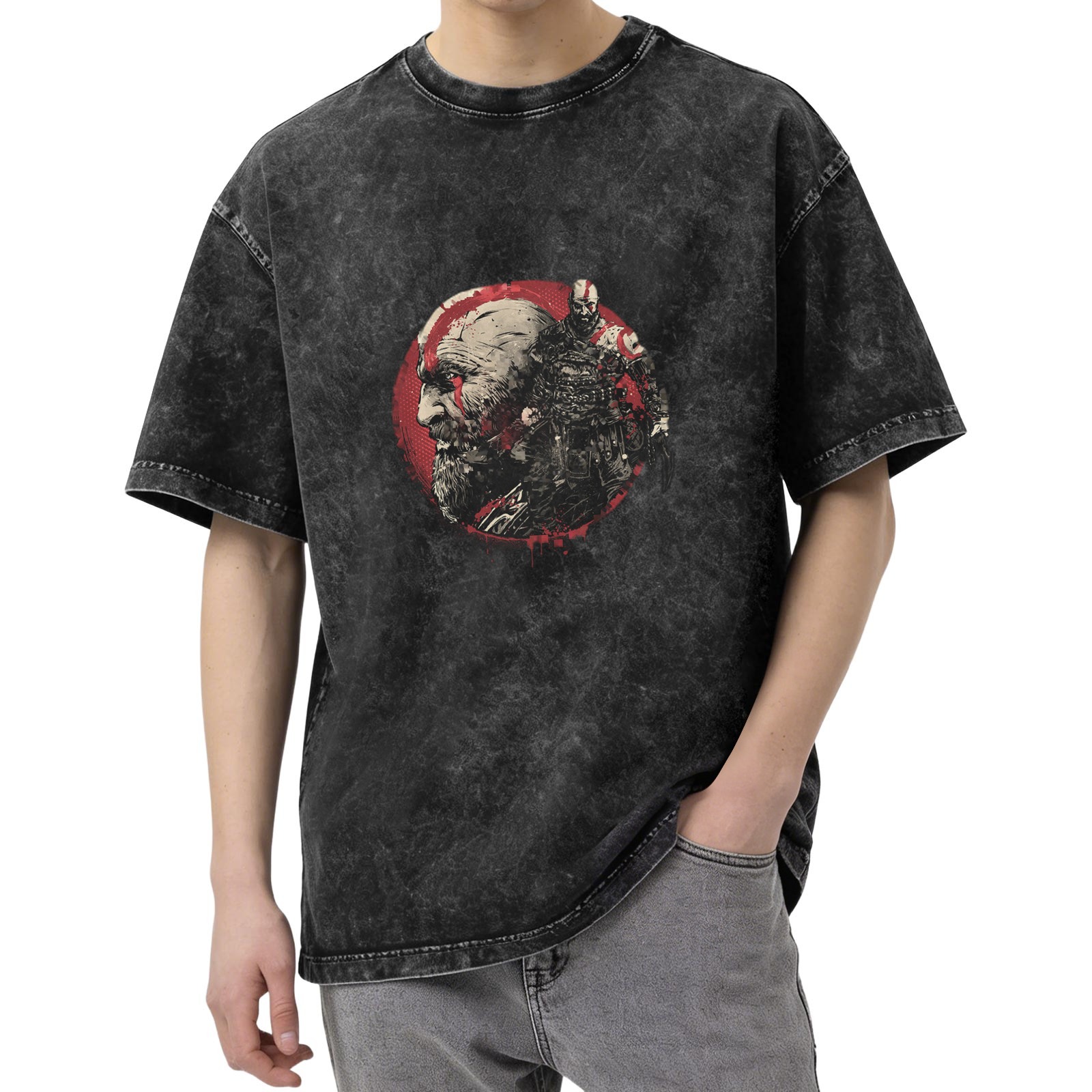 Kratos God of War Graphic Stone Wash Black T-Shirt