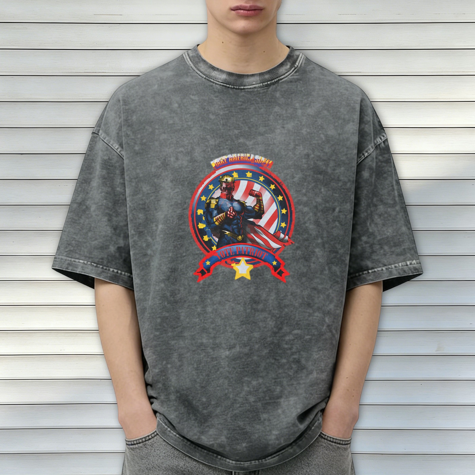 Washed Black Oversized T-Shirt With Patriotic Superhero Graphic