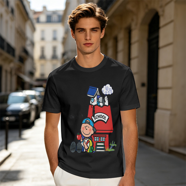 Olive T-shirt with Charlie Brown and Snoopy School Print