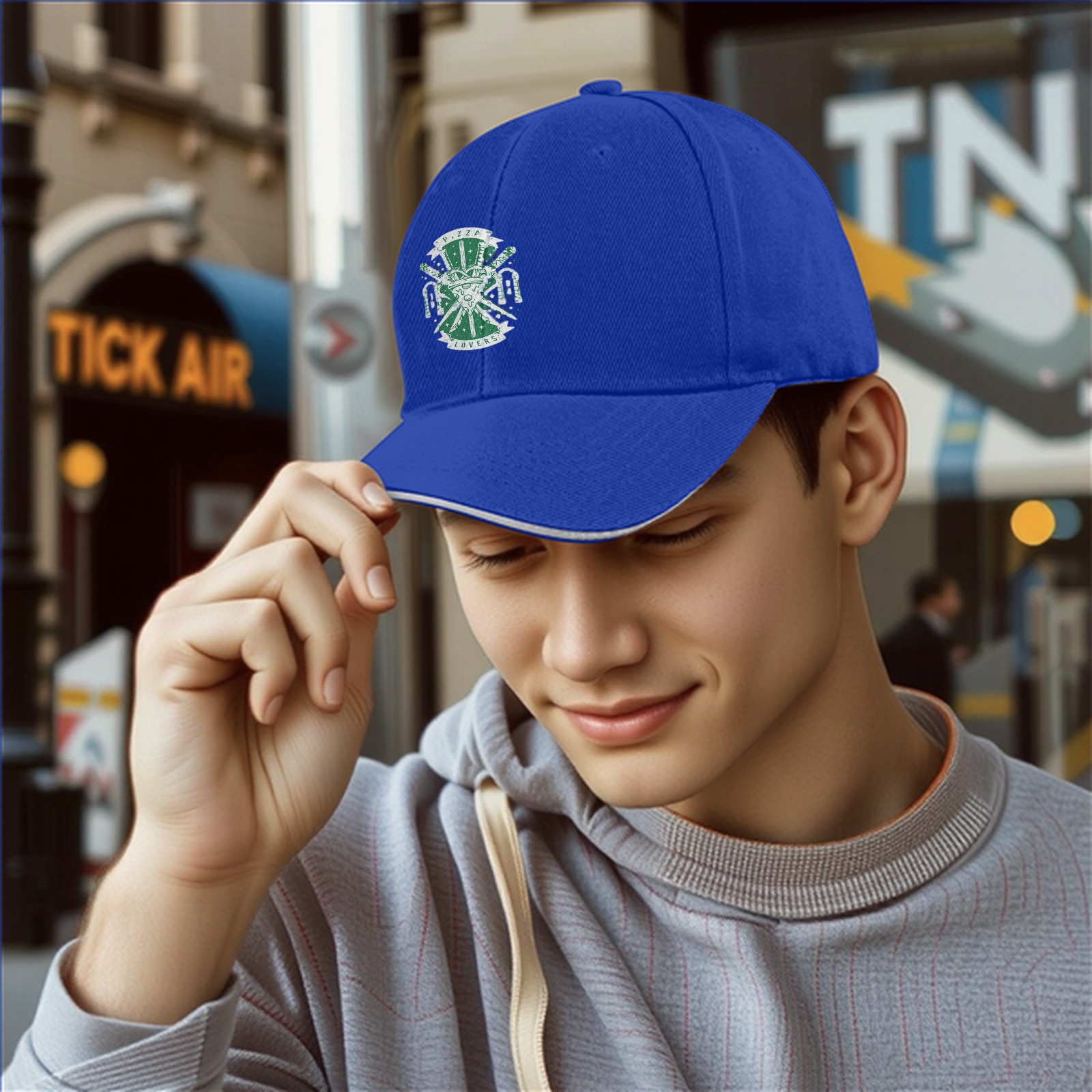 Black baseball cap with pizza lovers themed graphic print