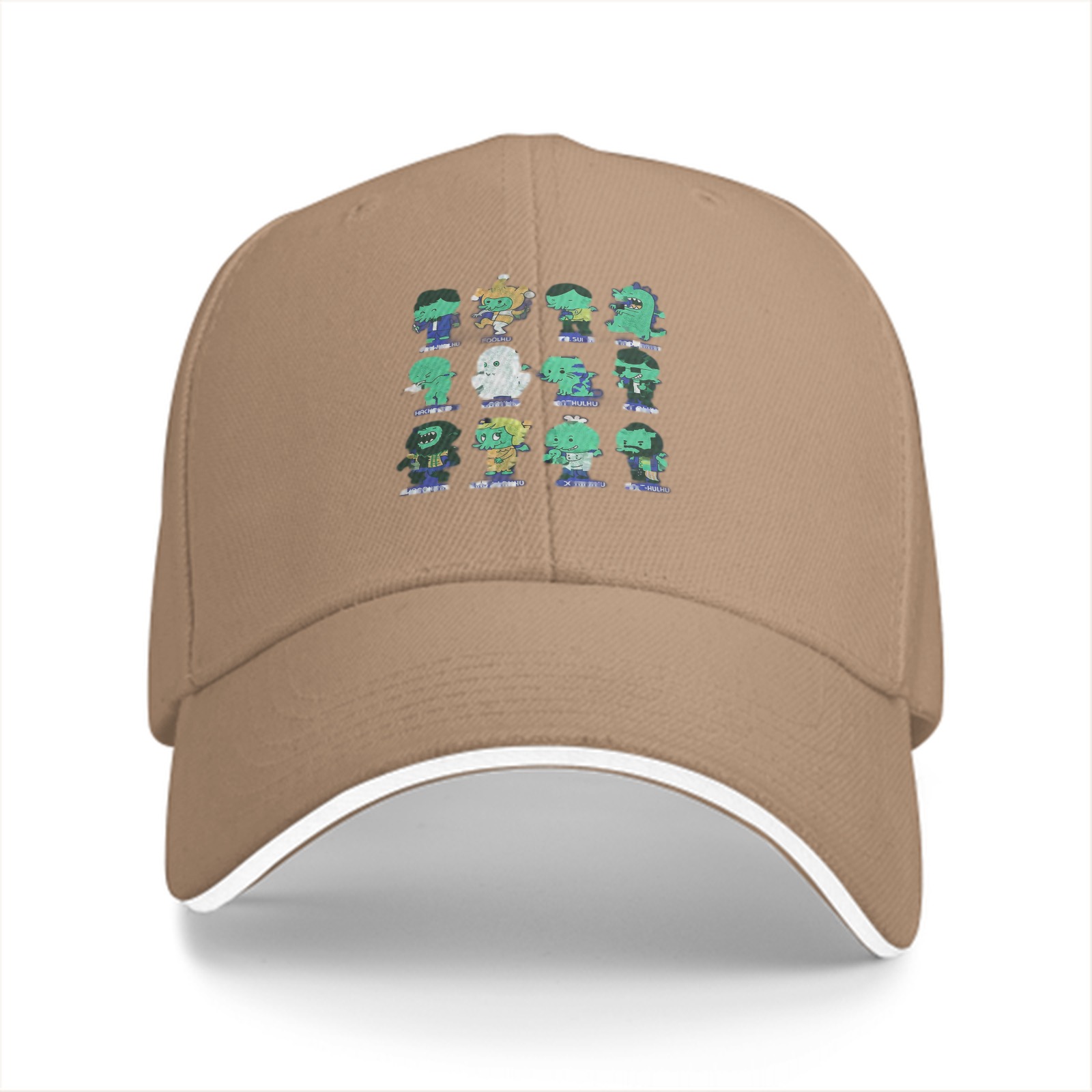 Black baseball cap with cute monster character grid print