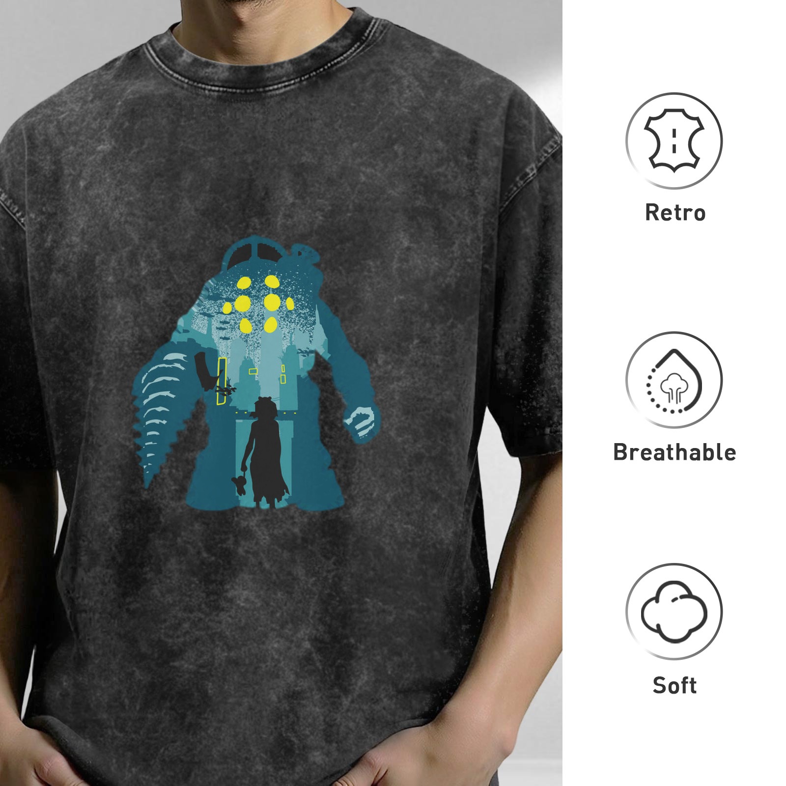 Washed Black Oversized T-Shirt with Underwater Monster and Girl Graphic