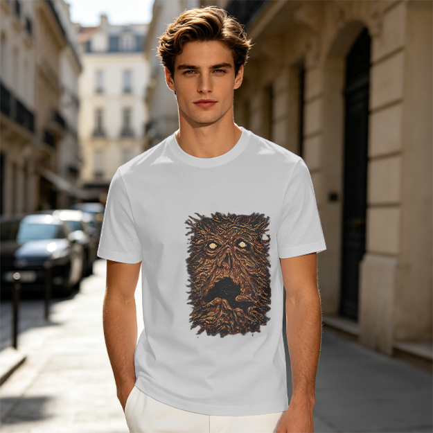 Olive Green T-Shirt with Spooky Tree Monster Face Print