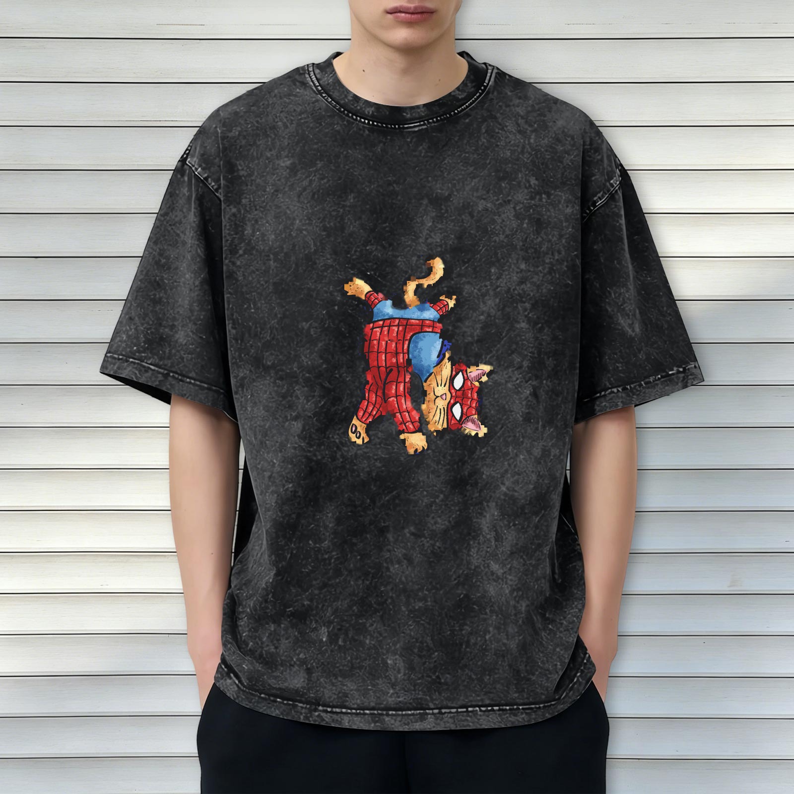 Washed Black T-Shirt With Playful Spider Cat Graphic Print