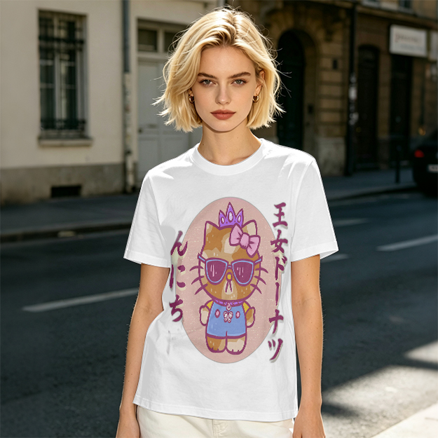 Olive T-Shirt with Cool Princess Cat Graphic Print
