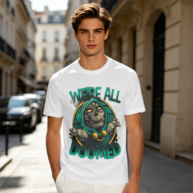 Olive T-Shirt Featuring 'We're All Doomed' Doom Character Art