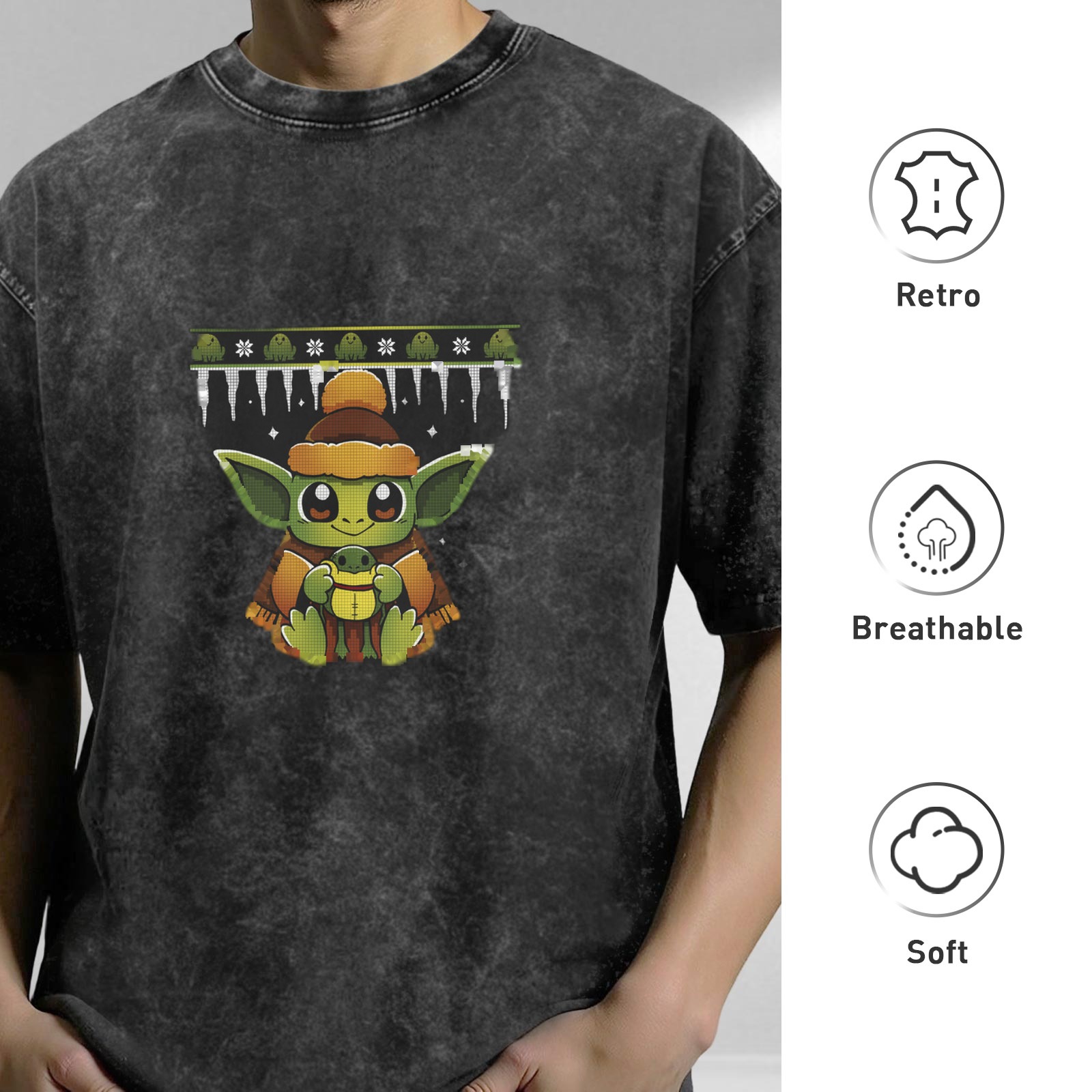 Washed black t-shirt with cute Baby Yoda holiday frog graphic