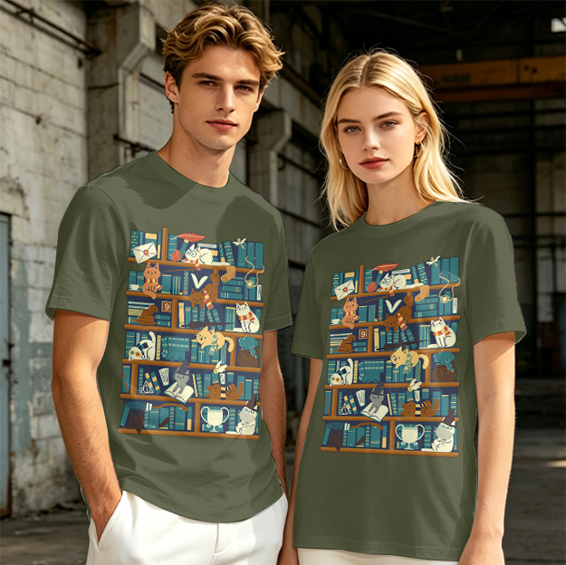 Olive t-shirt with playful cats on a bookshelf graphic