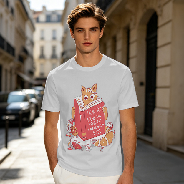 Olive T-Shirt With Ginger Cat Reading Self-Help Book Print