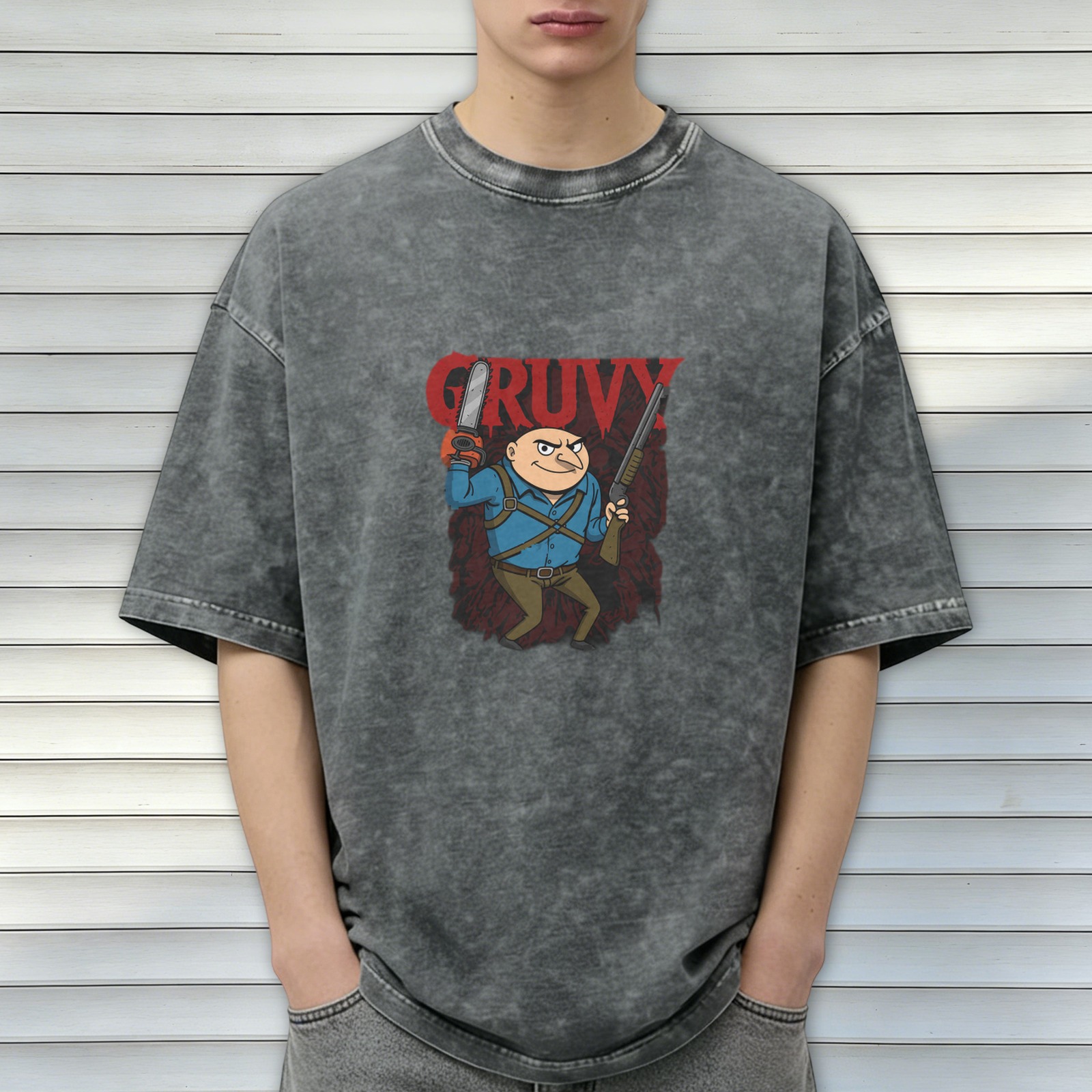 Washed Black T-Shirt With Gruvy Chainsaw Gun Cartoon Print