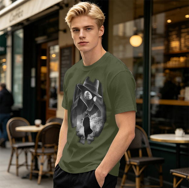 Olive T-Shirt With Noir Detective Silhouette Graphic Print
