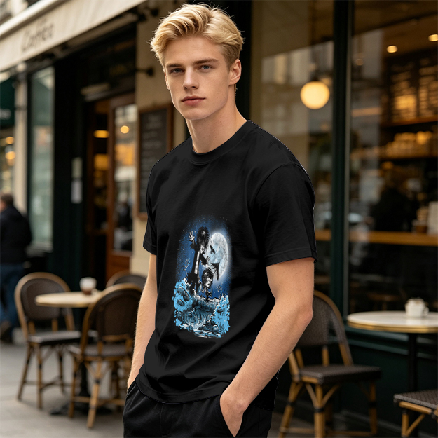 Olive T-Shirt With Gothic Moonlit Water Creature Graphic Print