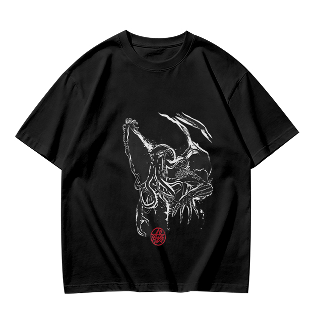 Olive T-Shirt With Dark Abstract Tentacle Creature Print
