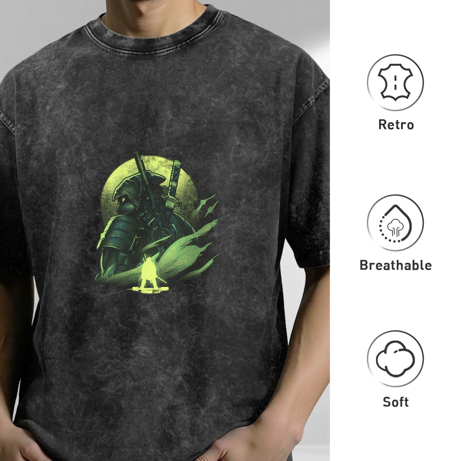 Oversized Acid Wash T-Shirt With Glowing Samurai Print