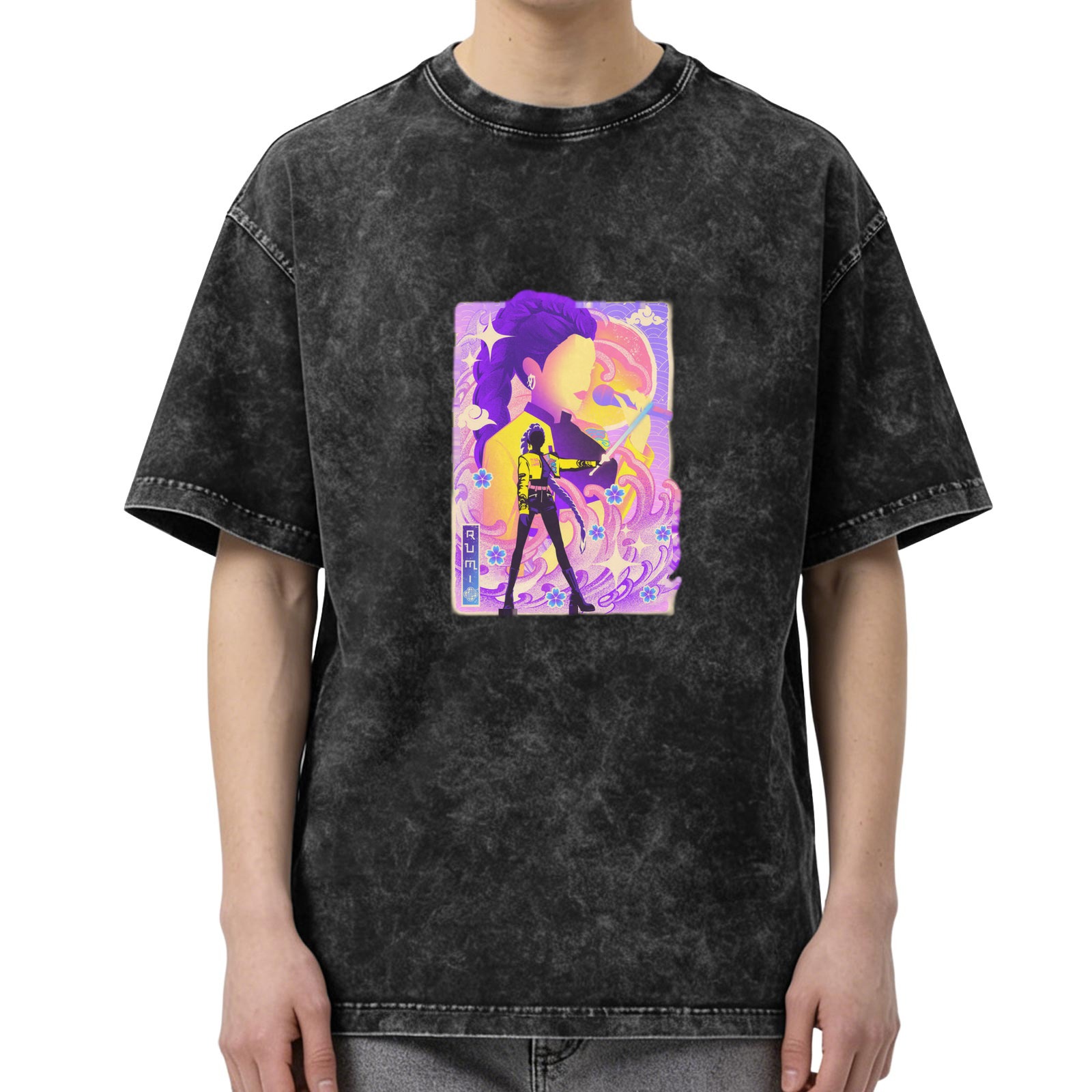 Oversized acid wash graphic t-shirt with anime style print