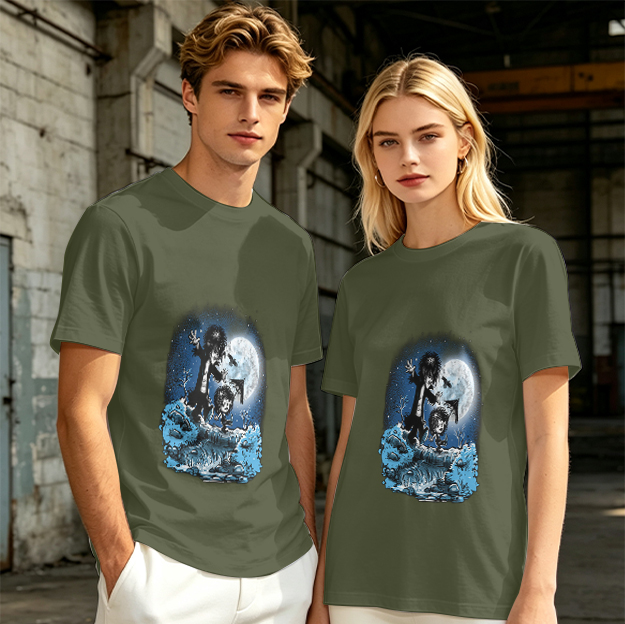 Olive T-Shirt With Gothic Moonlit Water Creature Graphic Print