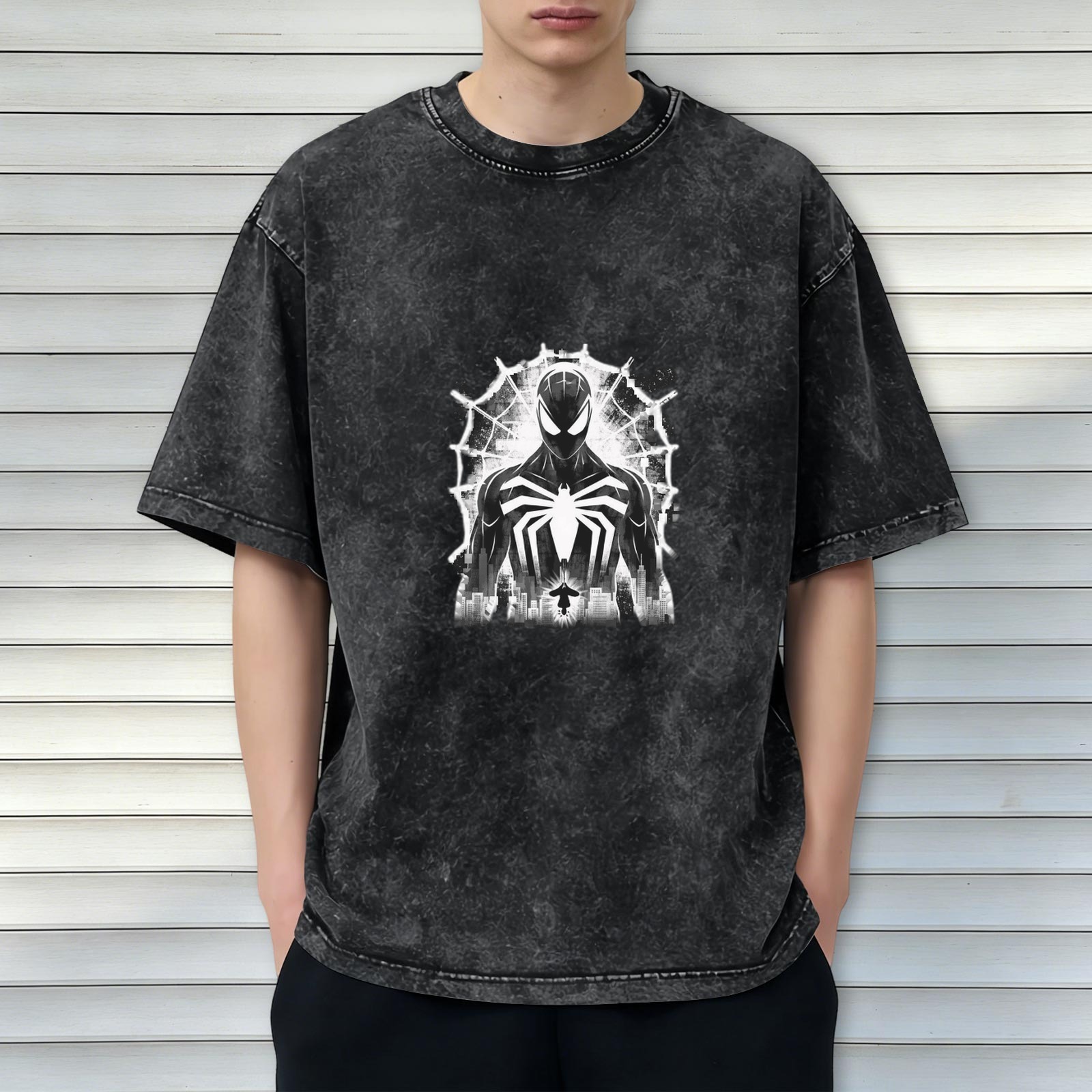 Oversized Acid Wash T-Shirt with Symbiote Spider-Man Graphic