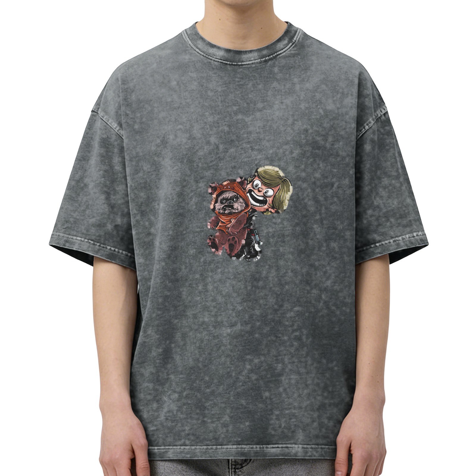 Distressed washed black loose short-sleeved T-shirt Cartoon character print Casual crew neck top