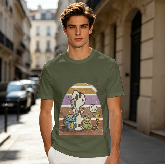 Olive T-Shirt with Snoopy Retro Phone Call Graphic