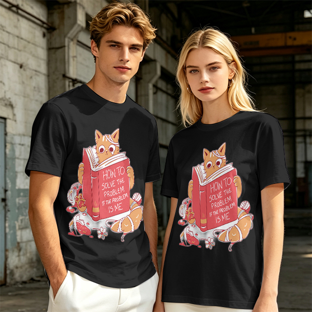 Olive T-Shirt With Ginger Cat Reading Self-Help Book Print
