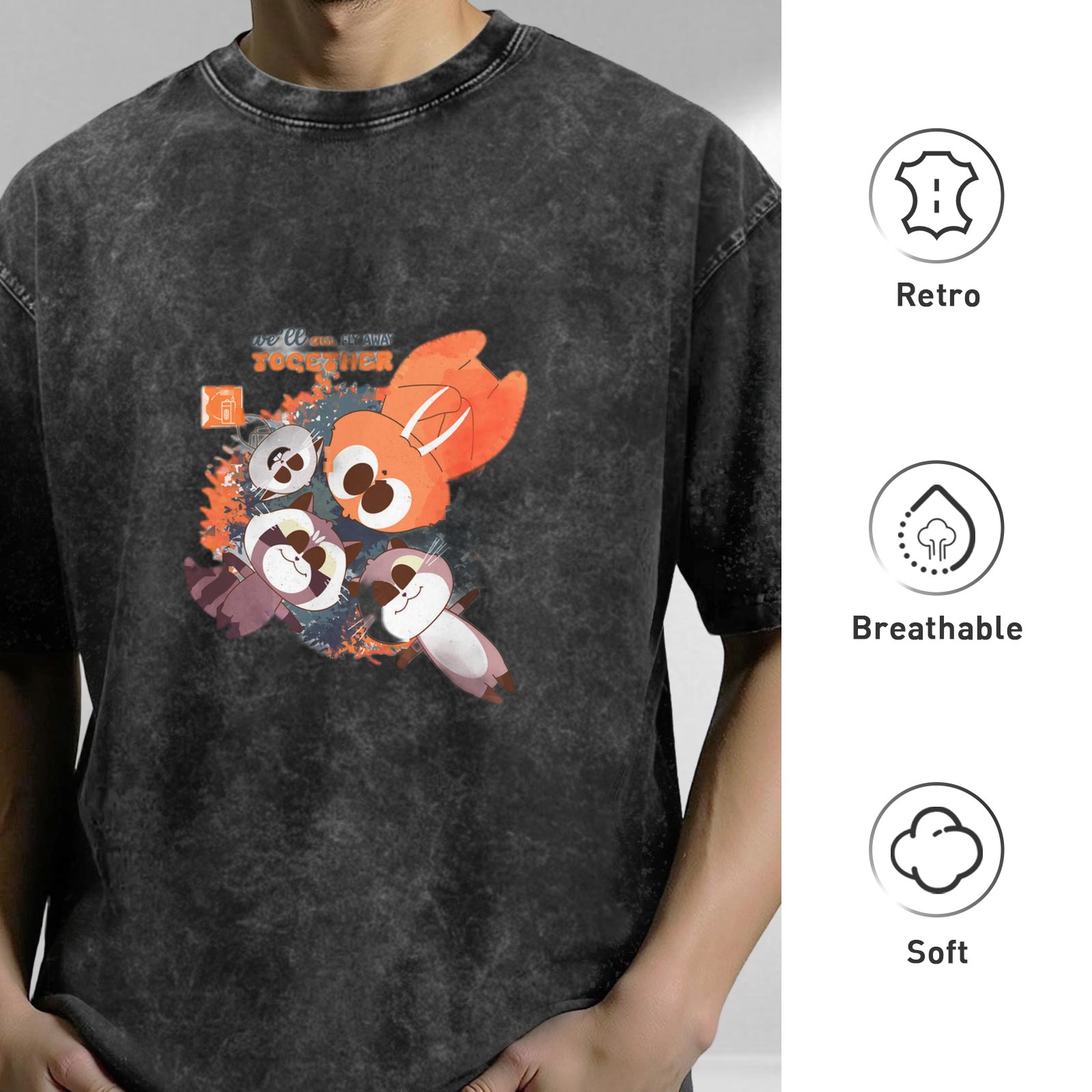 Washed Black Cartoon Animal Graphic Oversized T-shirt