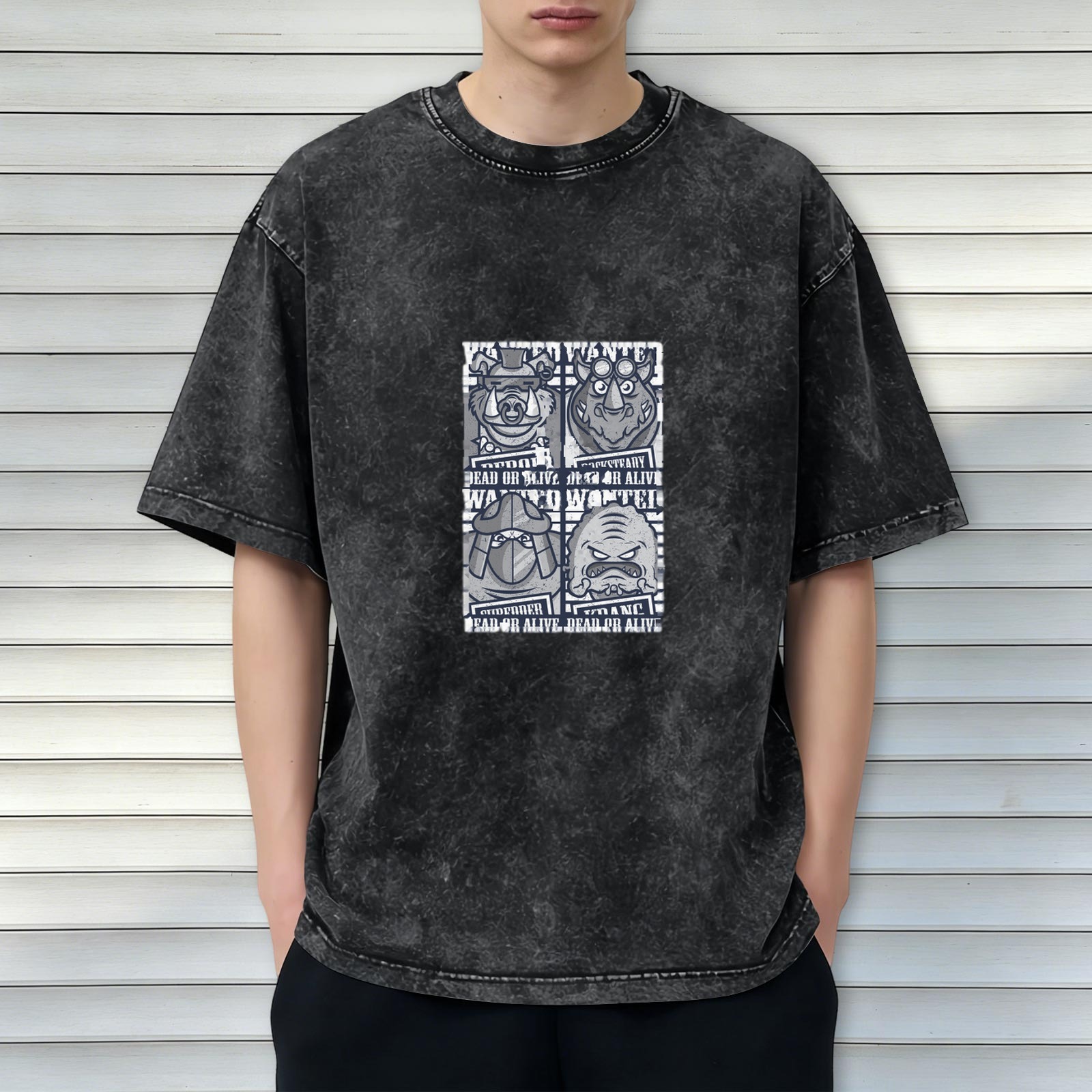Wanted Themed Oversized Stonewashed T-Shirt With Cartoon Characters
