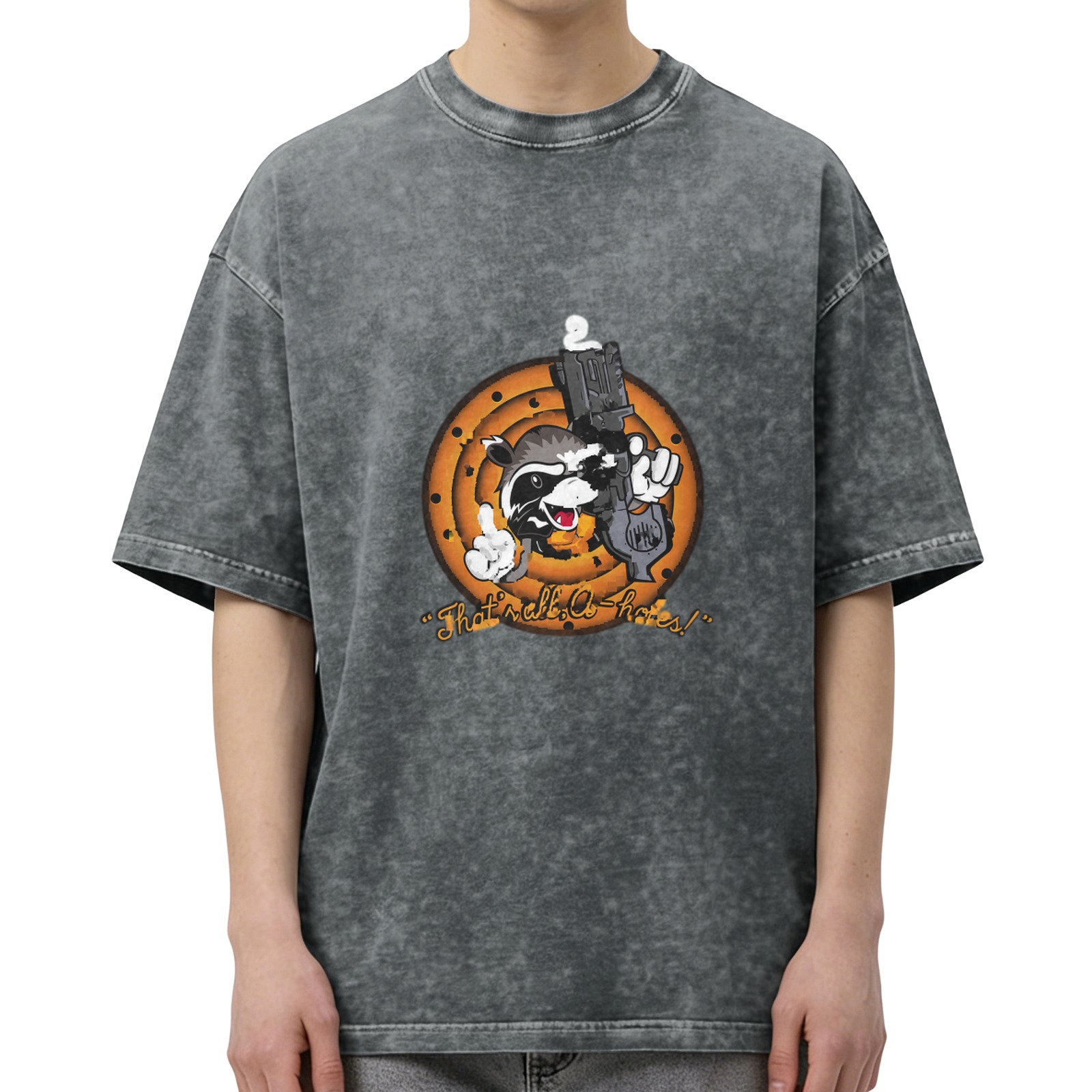 Washed Black Raccoon Gun Graphic T-Shirt With Funny Text
