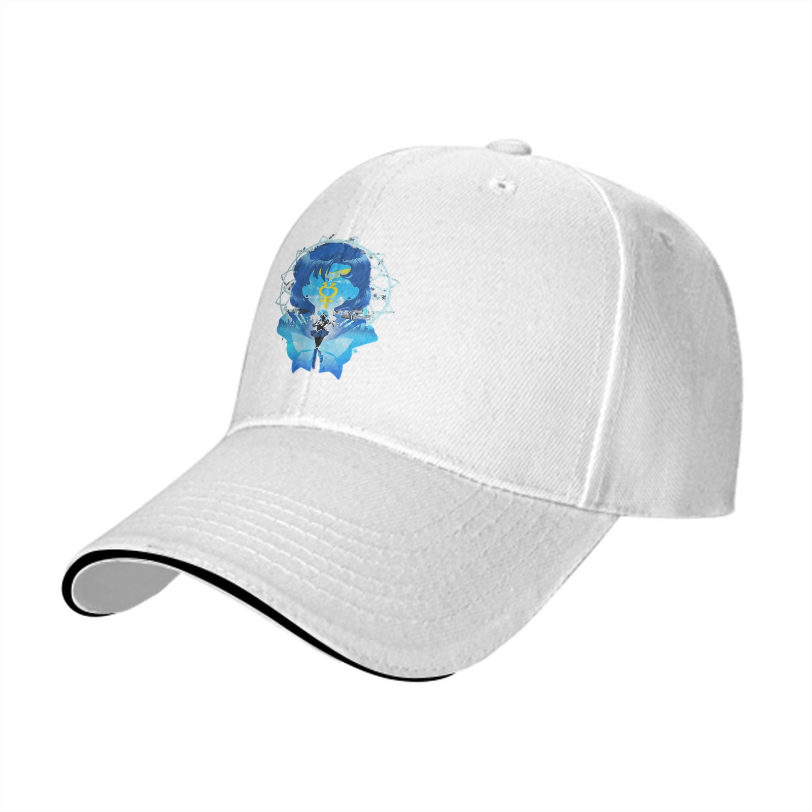 Black Baseball Cap With Blue Anime Character Art Print