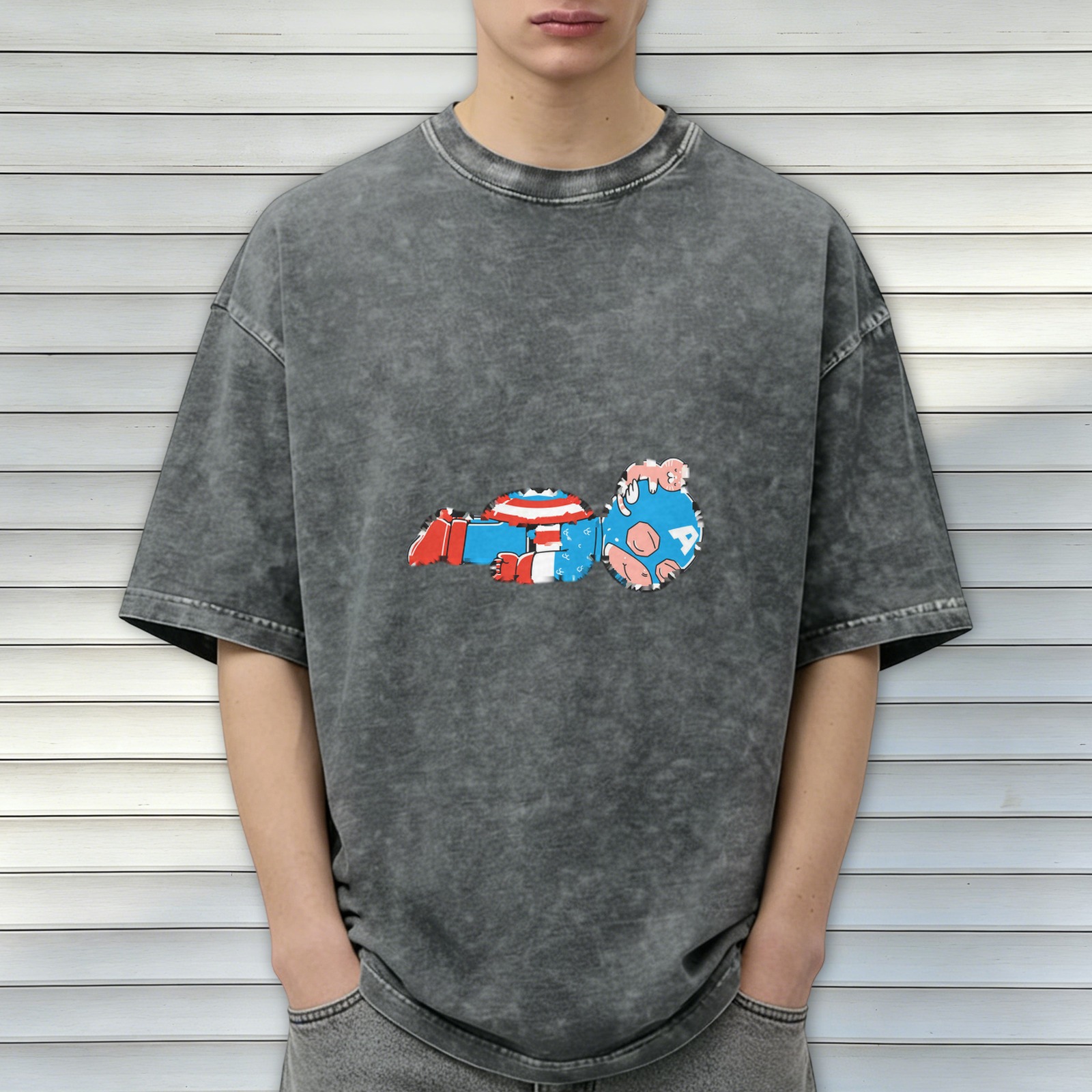 Oversized Acid Wash T-Shirt With Distressed Captain America Art