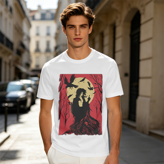 Olive T-Shirt With Gothic Crow And Moon Graphic Print