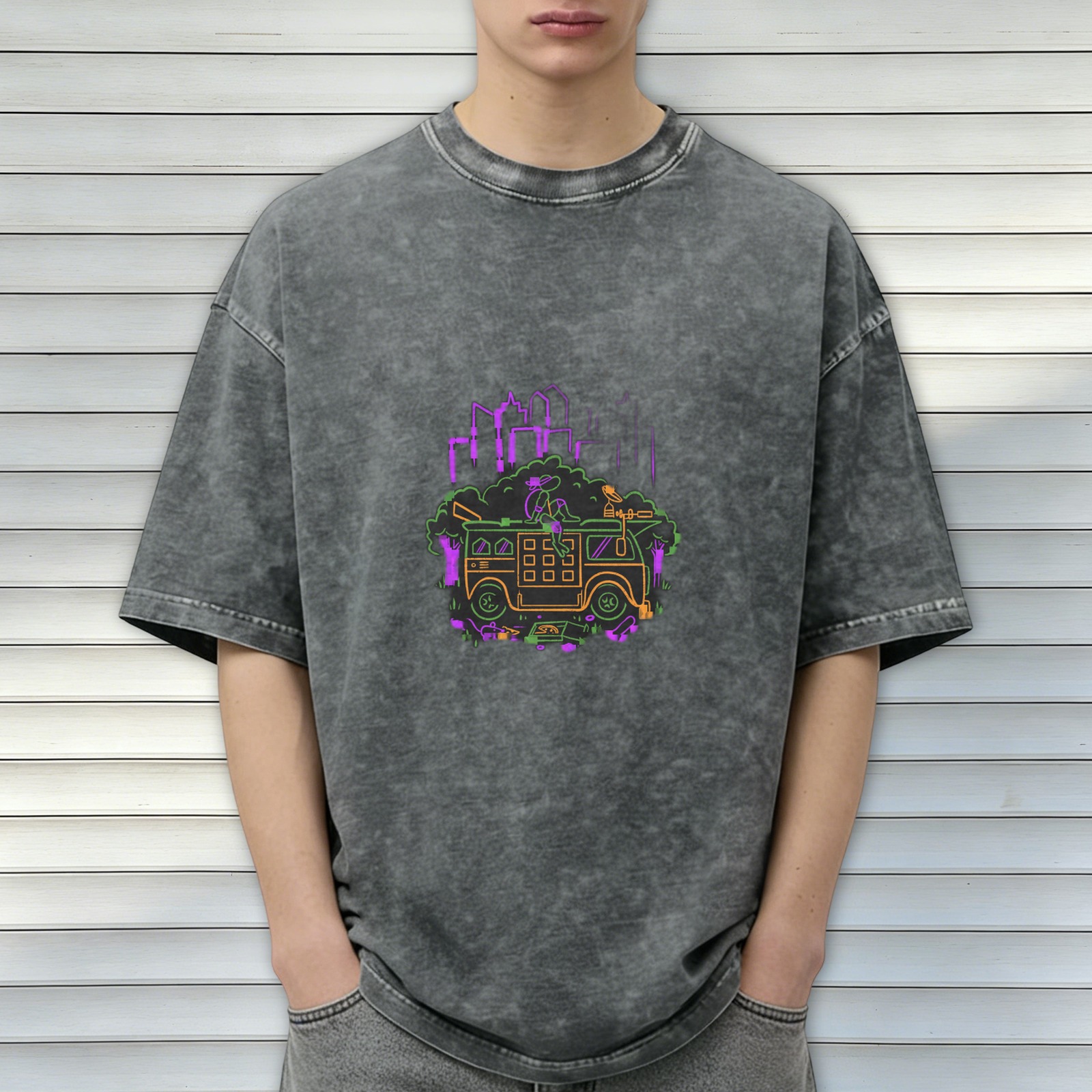 Washed Black Oversized T-Shirt With Neon Turtle Van Graphic