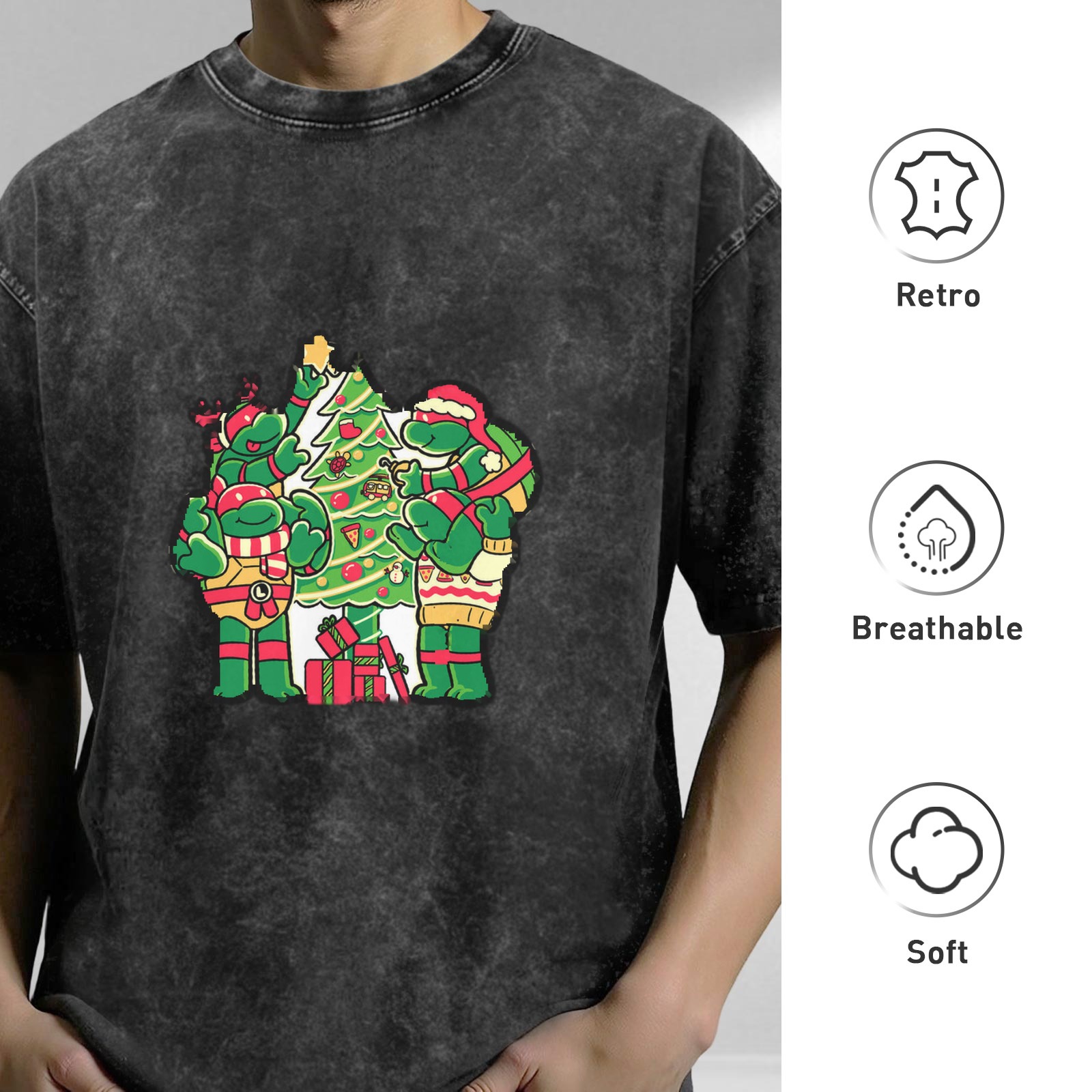 Washed Black T-Shirt with Teenage Mutant Ninja Turtles Christmas Design