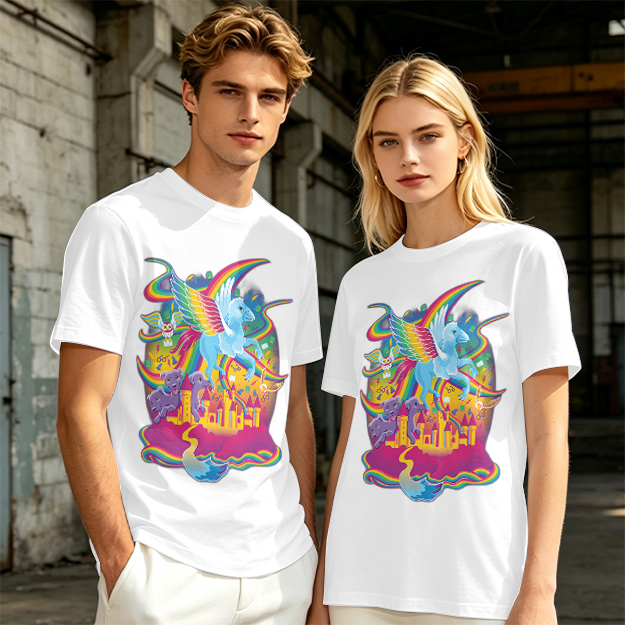 Olive T-Shirt With Whimsical Rainbow Fantasy Creature Castle Art